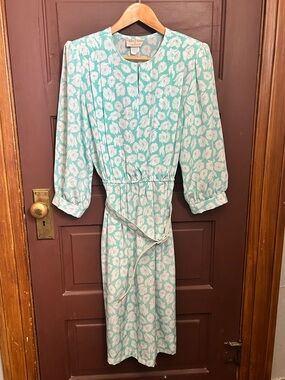 Vintage Ladies Dress Pellini By Von Bramlett belt  sz 9/10 white & teal floral